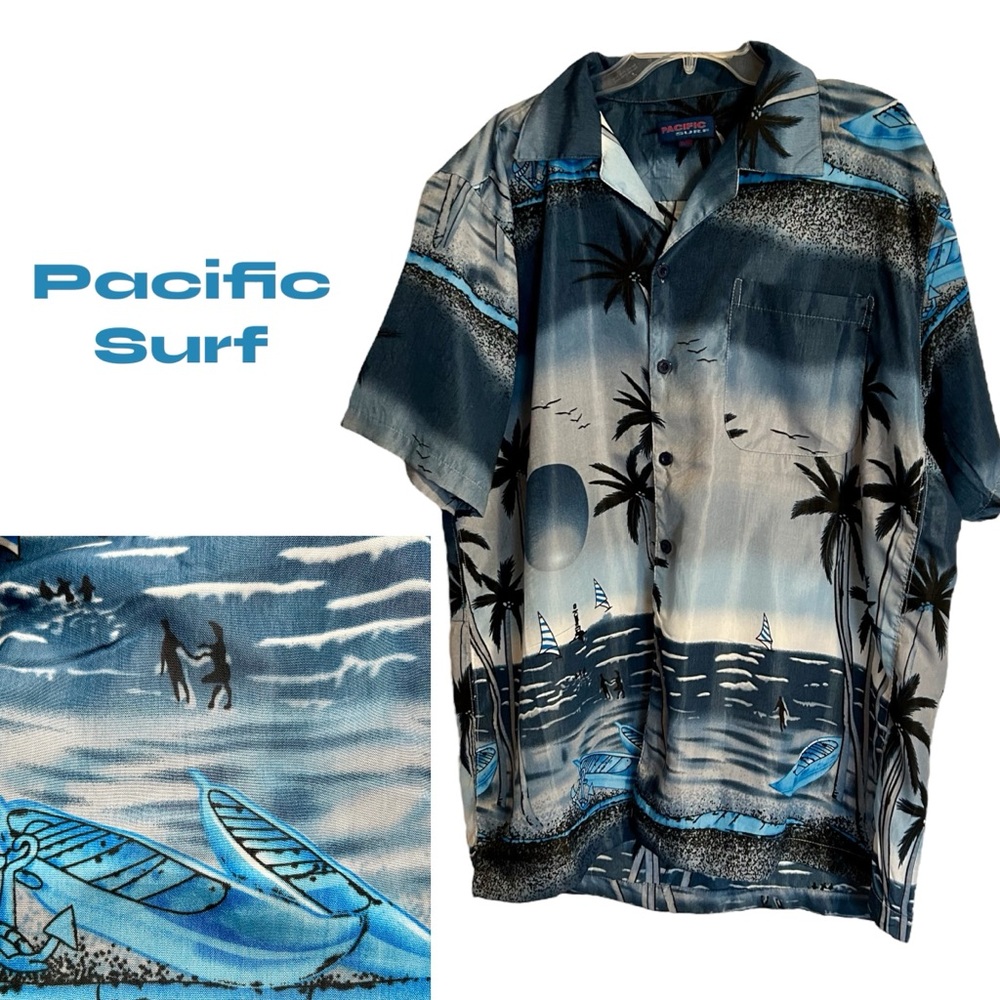 PACIFIC SURF XL Mens Hawaiian Shirt Blue Black White Palm Trees Tropical Hula